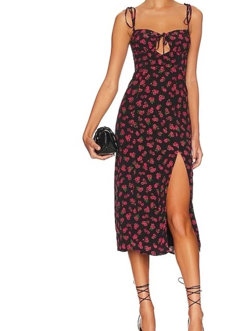 Lovers + Friends Black Mini Dress with Pink Floral Print & Side Slit